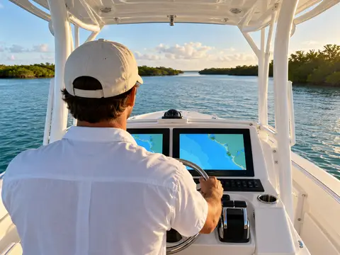View from behind of a boater at the helm of a center-console boat on the Gulf