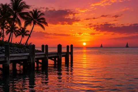Sunset over a wooden pier and palms in Key West
