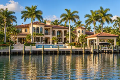 A waterfront estate with a pool and covered boat lift